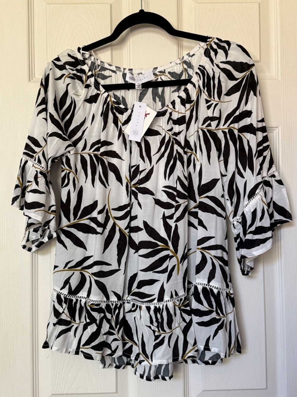 Fever White Peasant Blouse with Black Leaf Print and Gold Accents